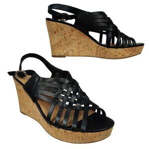 Franco Sarto Womens Sandal Strappy Leather Platform Cork Wedge Black Sz 9.5